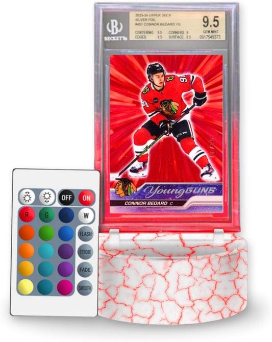 Light up Sports Card Display Stand with LED Base for Graded Slabs, One-Touches, Top Loaders – PSA, BGS, SGC, TCG –Color-Changing Remote – Gift for Collectors